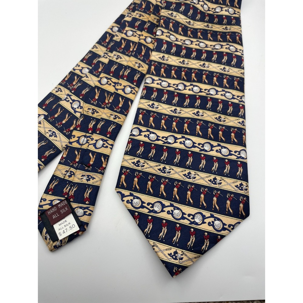 Mens Navy Gold Golf Silk Tie Novelty Sports Golfer Clubs Balls Hand Made Necktie